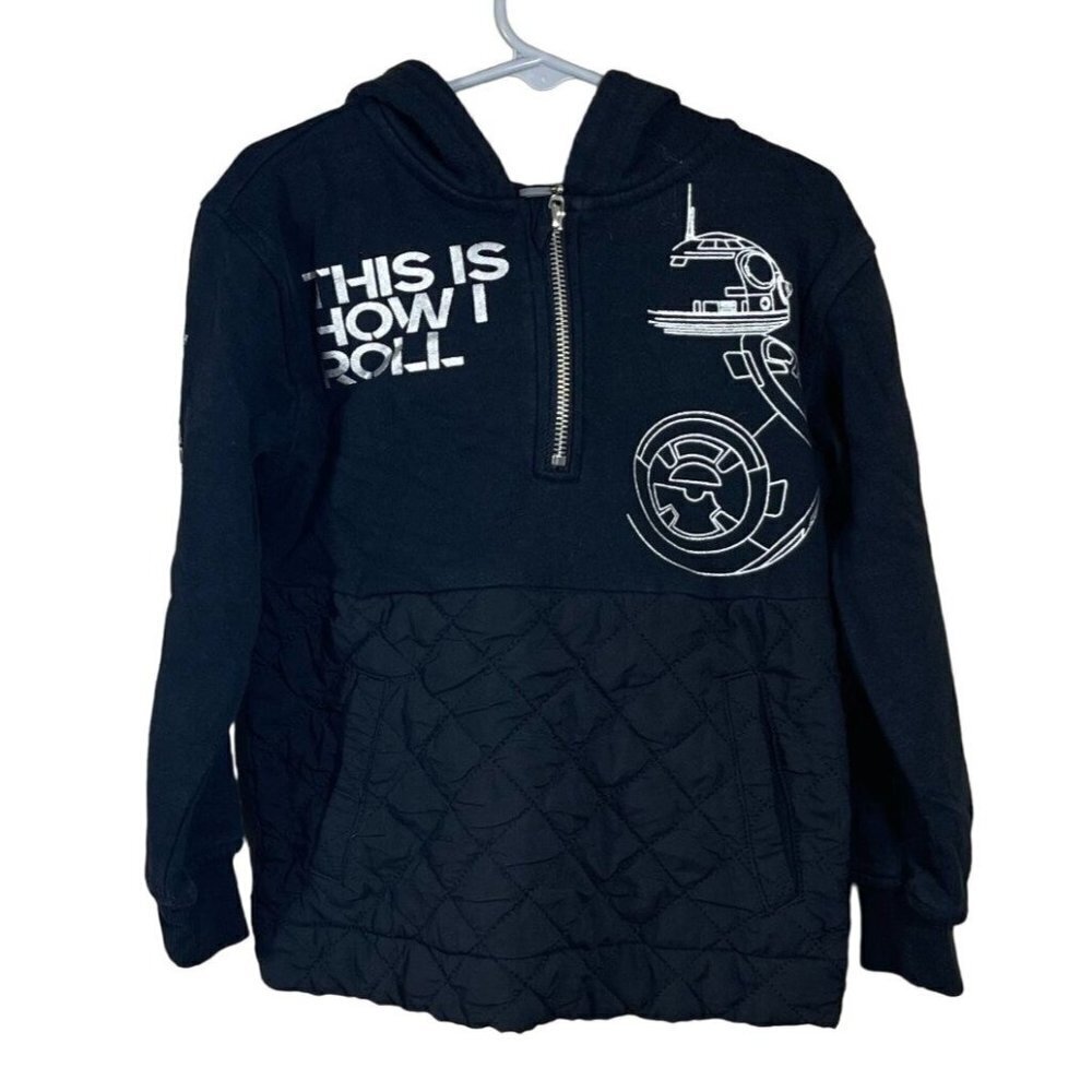 Disney Kids 1/4 Zip Pullover Sweatshirt Bb8 Star Wars Quilted Hood Black Size XS